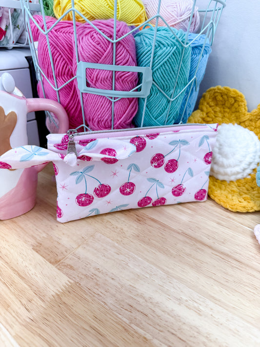 Disco Pink Cherry Flat Quilted Bow Pouch