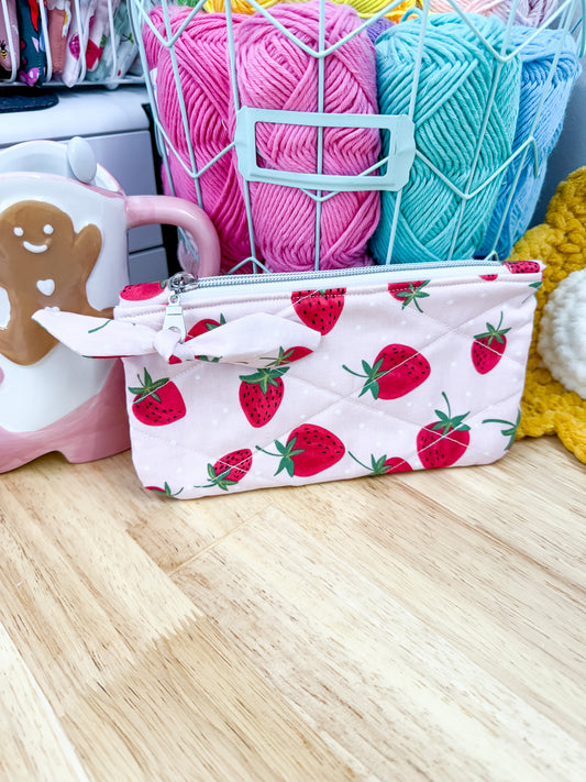 Pink Strawberry Flat Quilted Bow Pouch