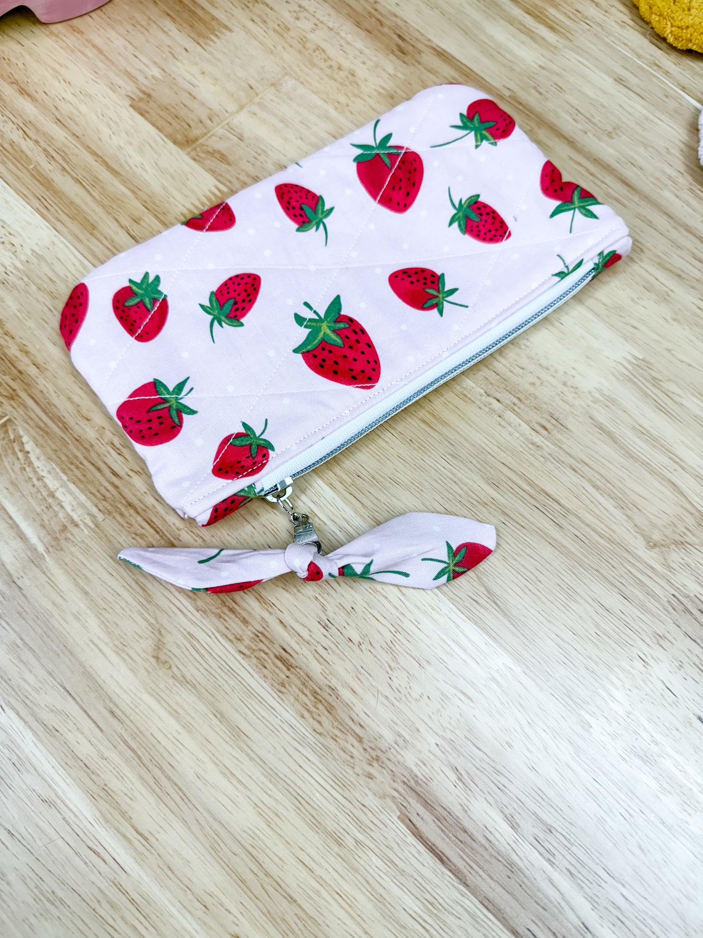 Pink Strawberry Flat Quilted Bow Pouch