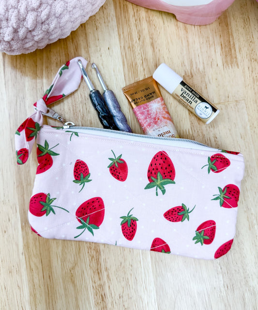 Pink Strawberry Flat Quilted Bow Pouch
