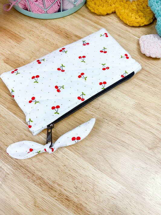 White Cherry Dot Flat Quilted Bow Pouch