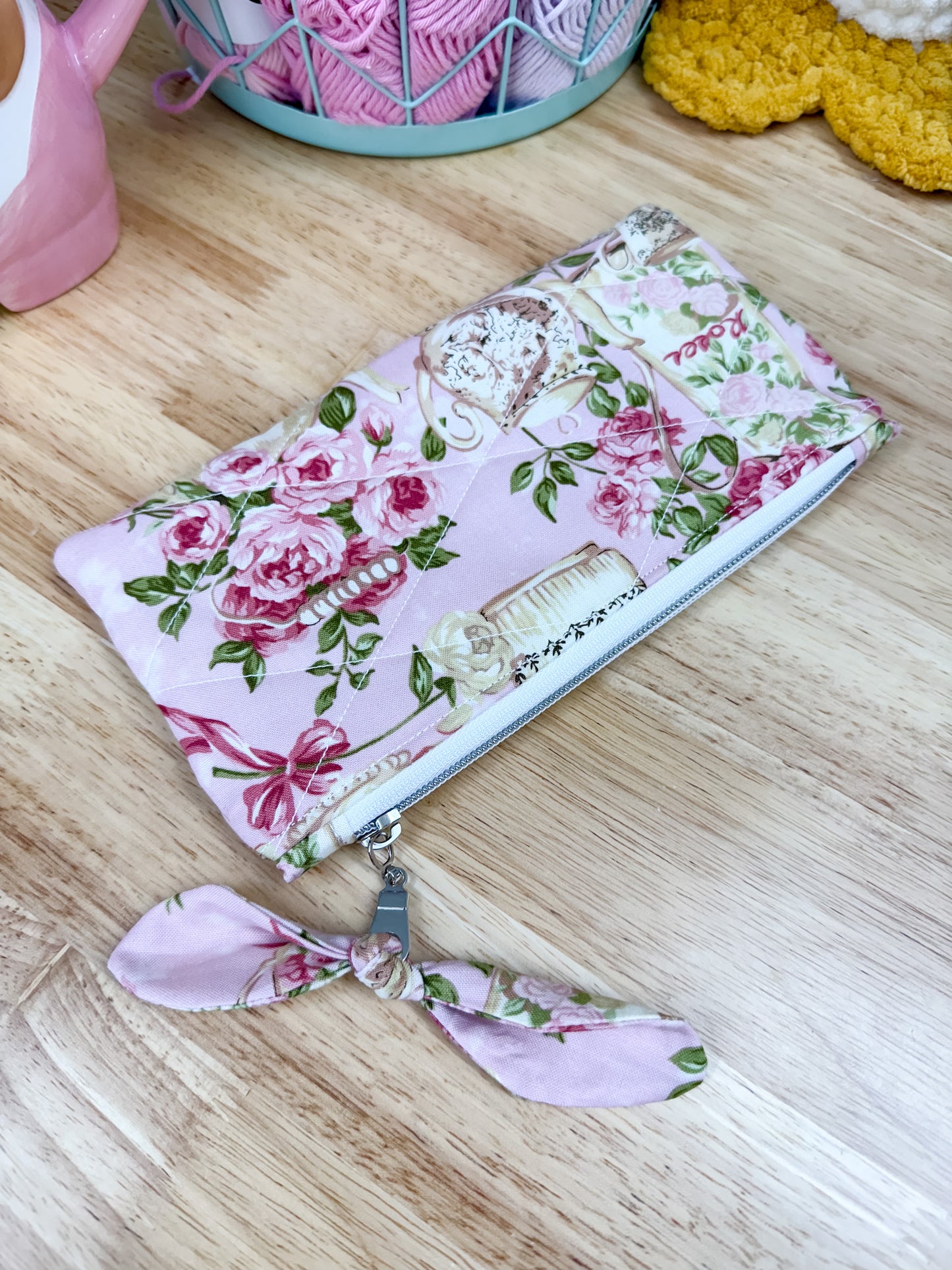 Pink Rose Tea Set Flat Quilted Bow Pouch
