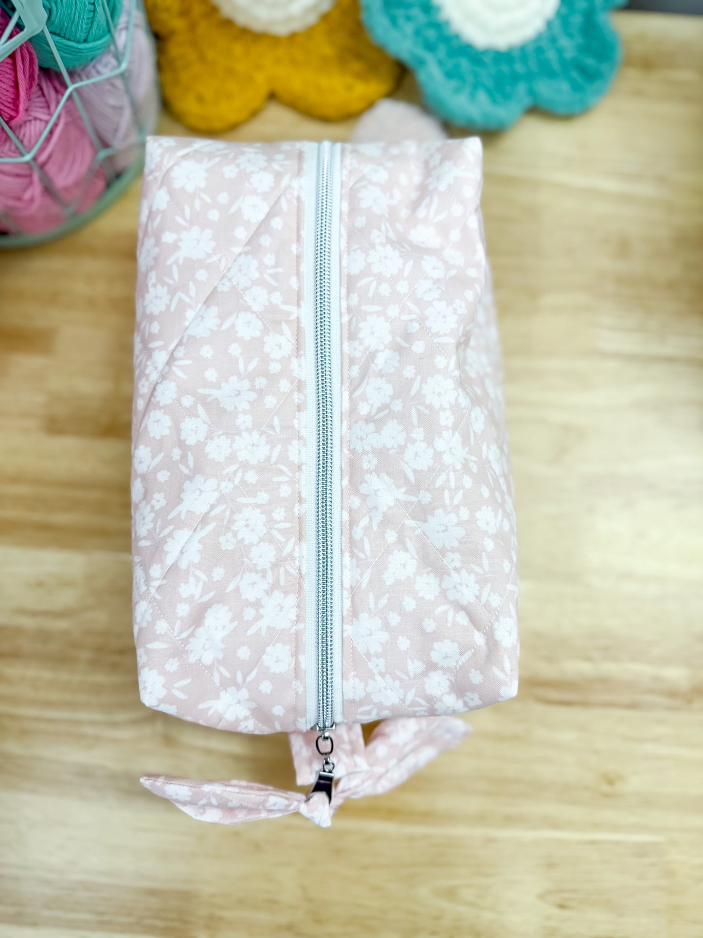 Light Peach Pink Floral Quilted Bow Bag