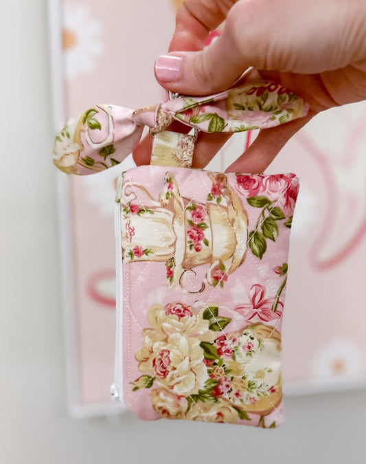Rose Tea Set Quilted Bow Keychain Wallet