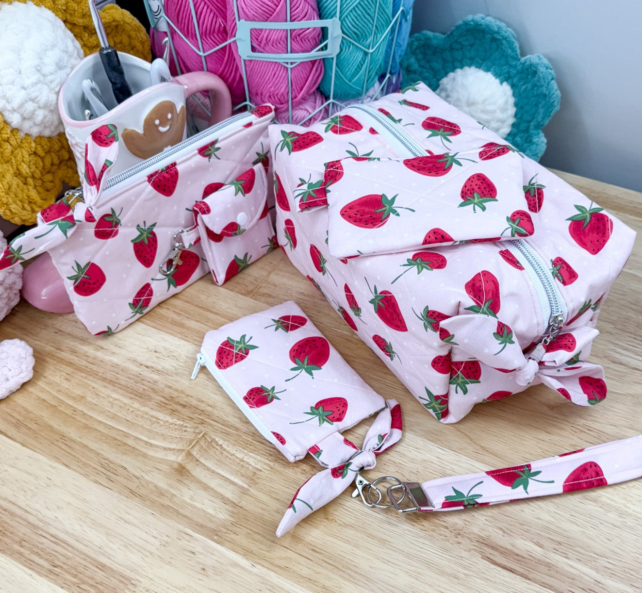 Pink Strawberry Makeup Bag Travel 6 pc Set