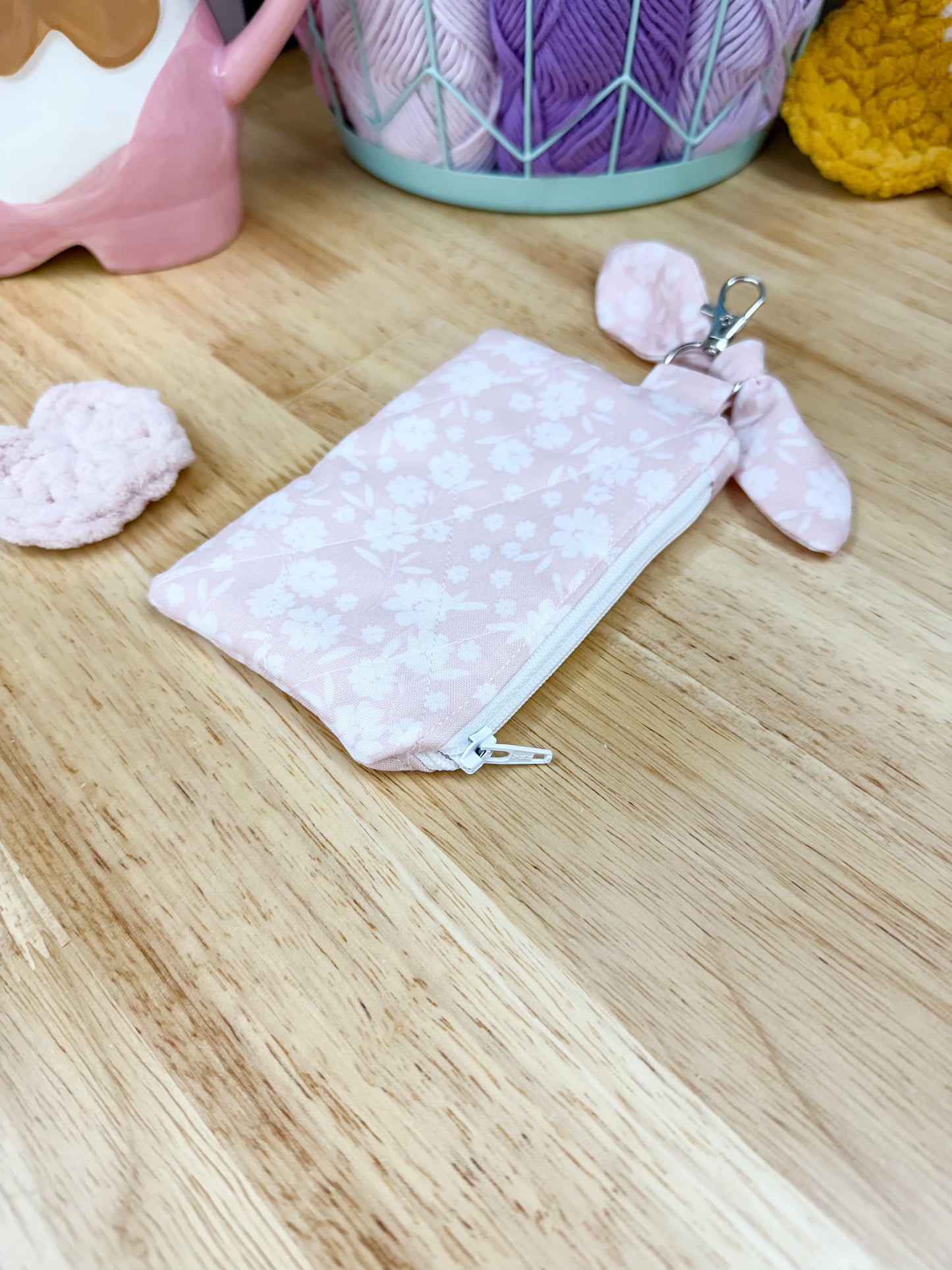 Light Pink Floral Quilted Bow Keychain Wallet