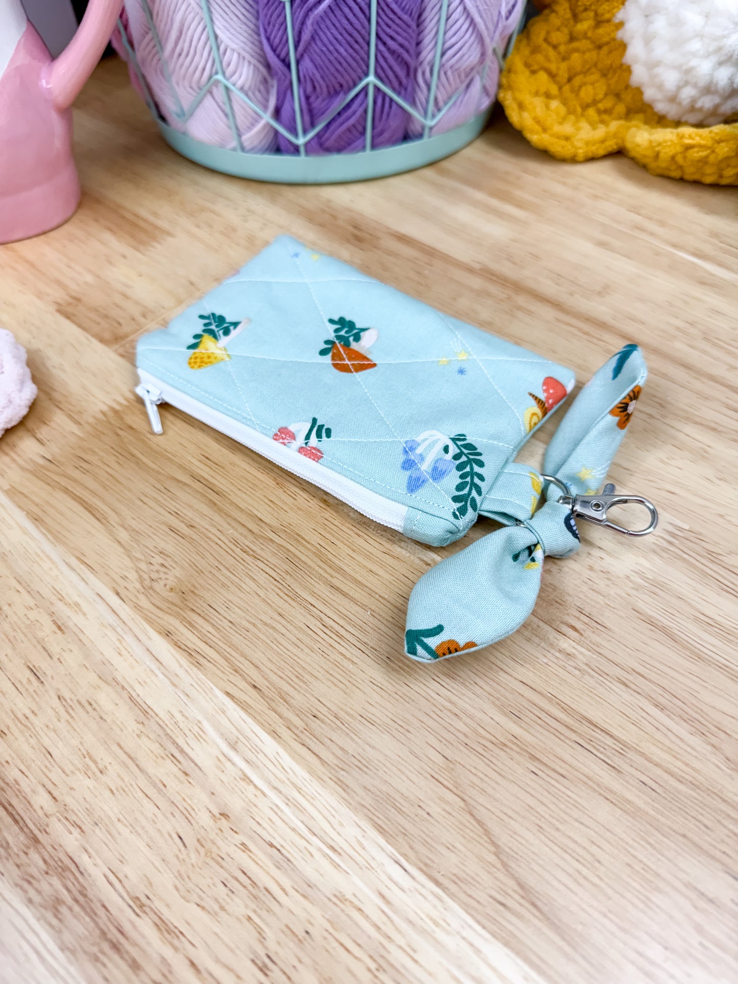 Mint Mushroom Quilted Bow Keychain Wallet