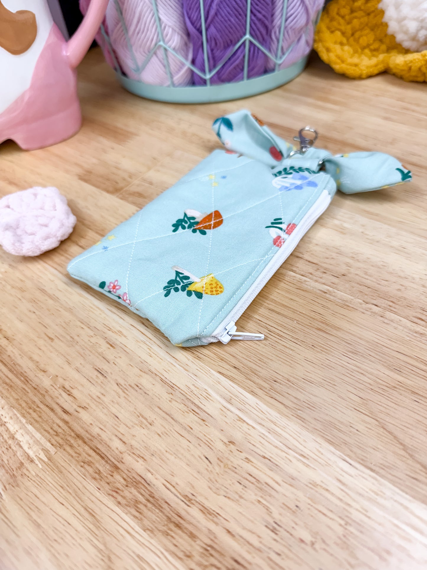 Mint Mushroom Quilted Bow Keychain Wallet