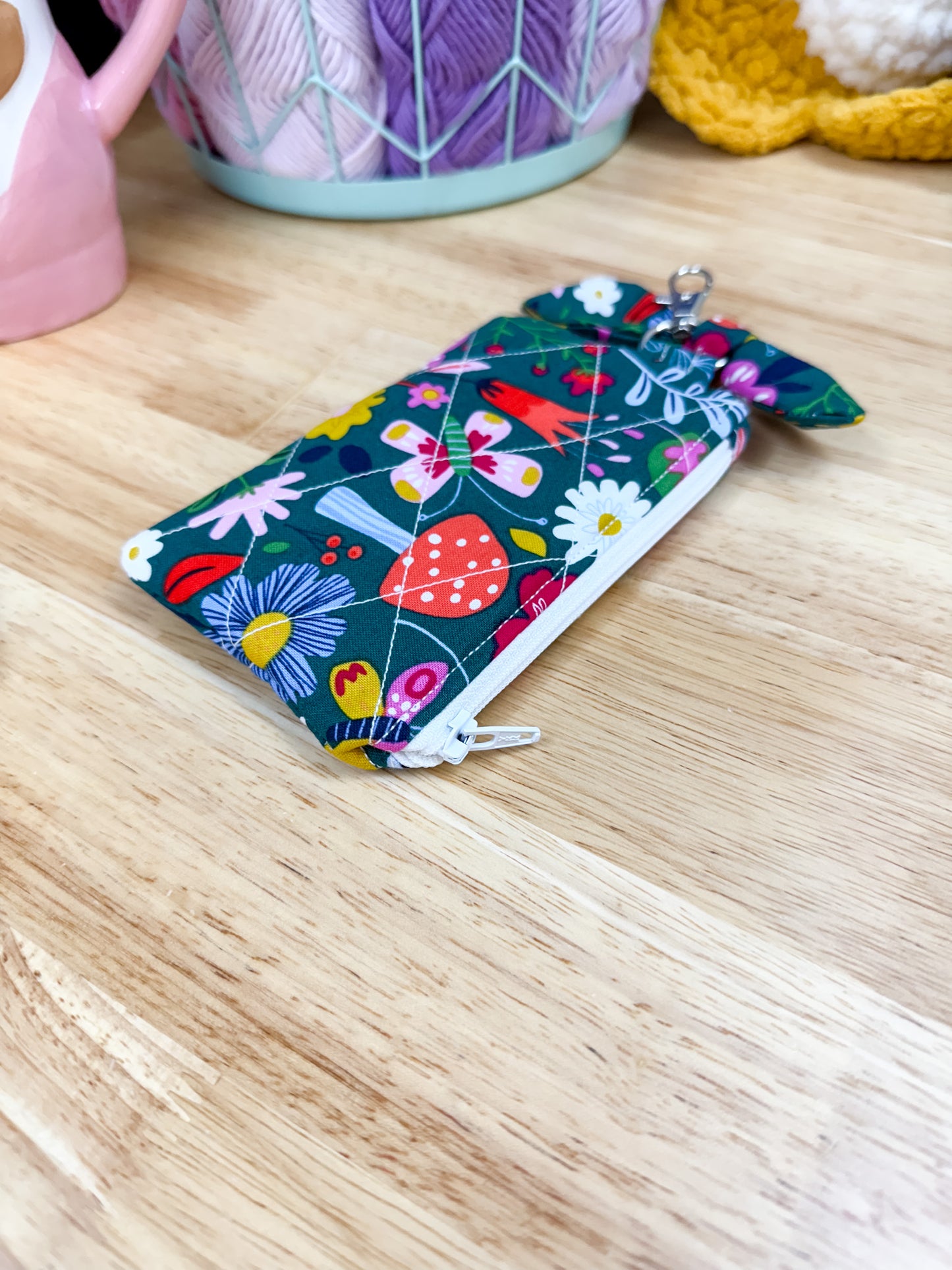 Green Mushroom Quilted Bow Keychain Wallet
