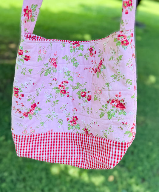 Red & Pink Patchwork Quilted Adjustable Tote Bag
