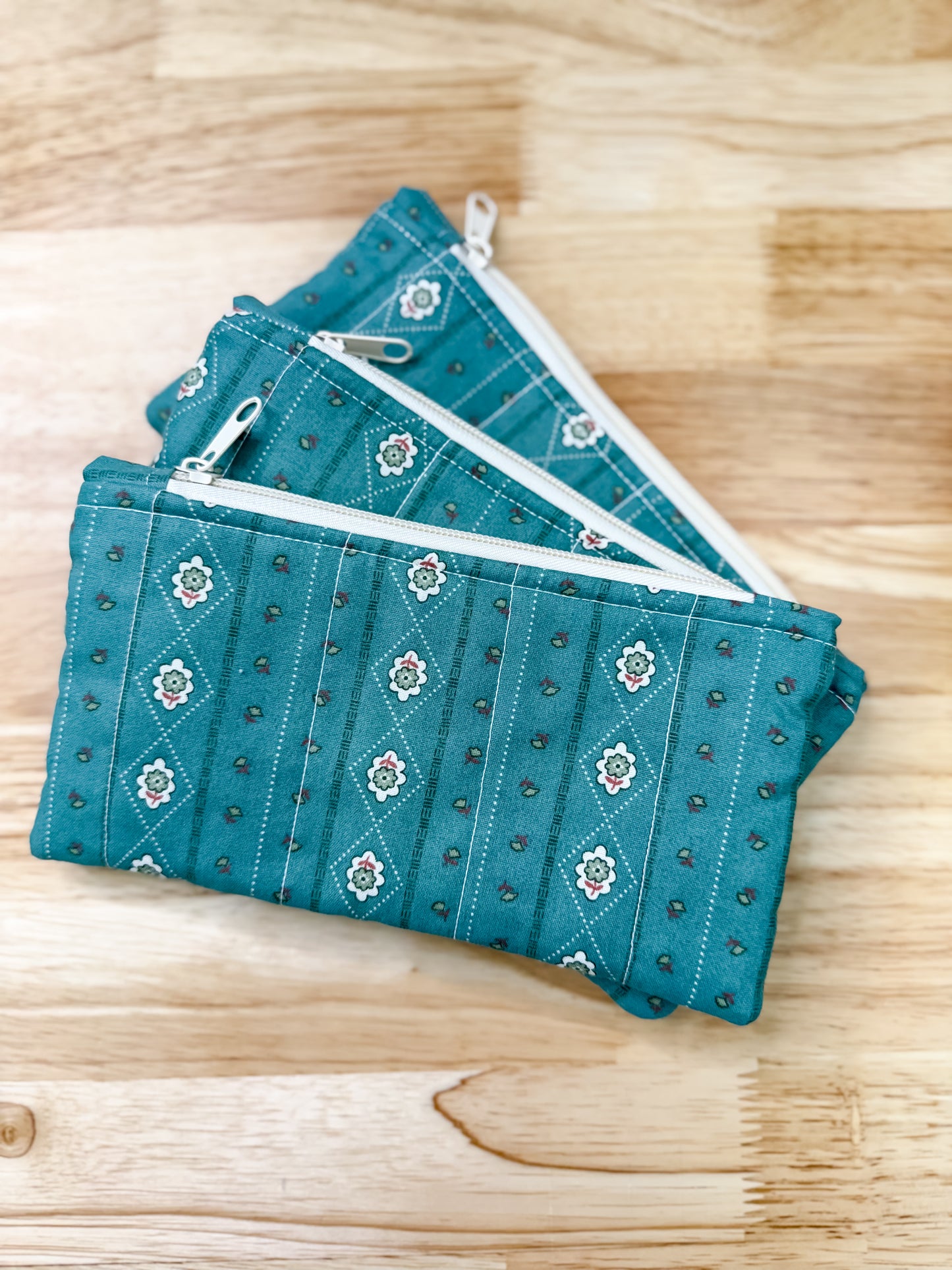 Vintage Quilted Flat Pouch Green Victorian Stripes