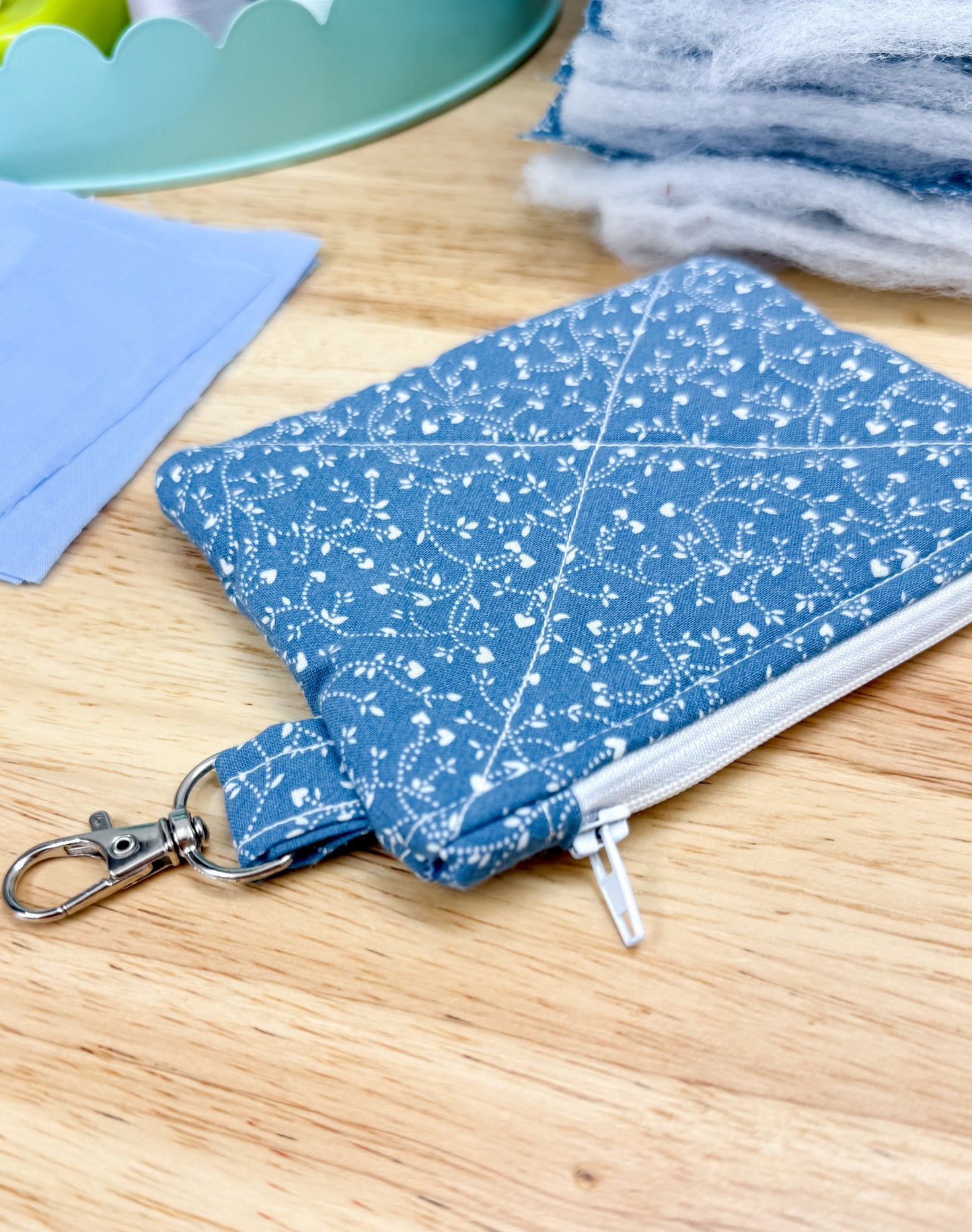Ditsy Blue Hearts Vintage Quilted Keychain Wallet