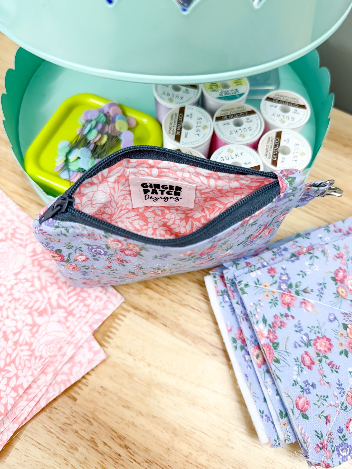 Summer Blue Floral Vintage Quilted Keychain Wallet