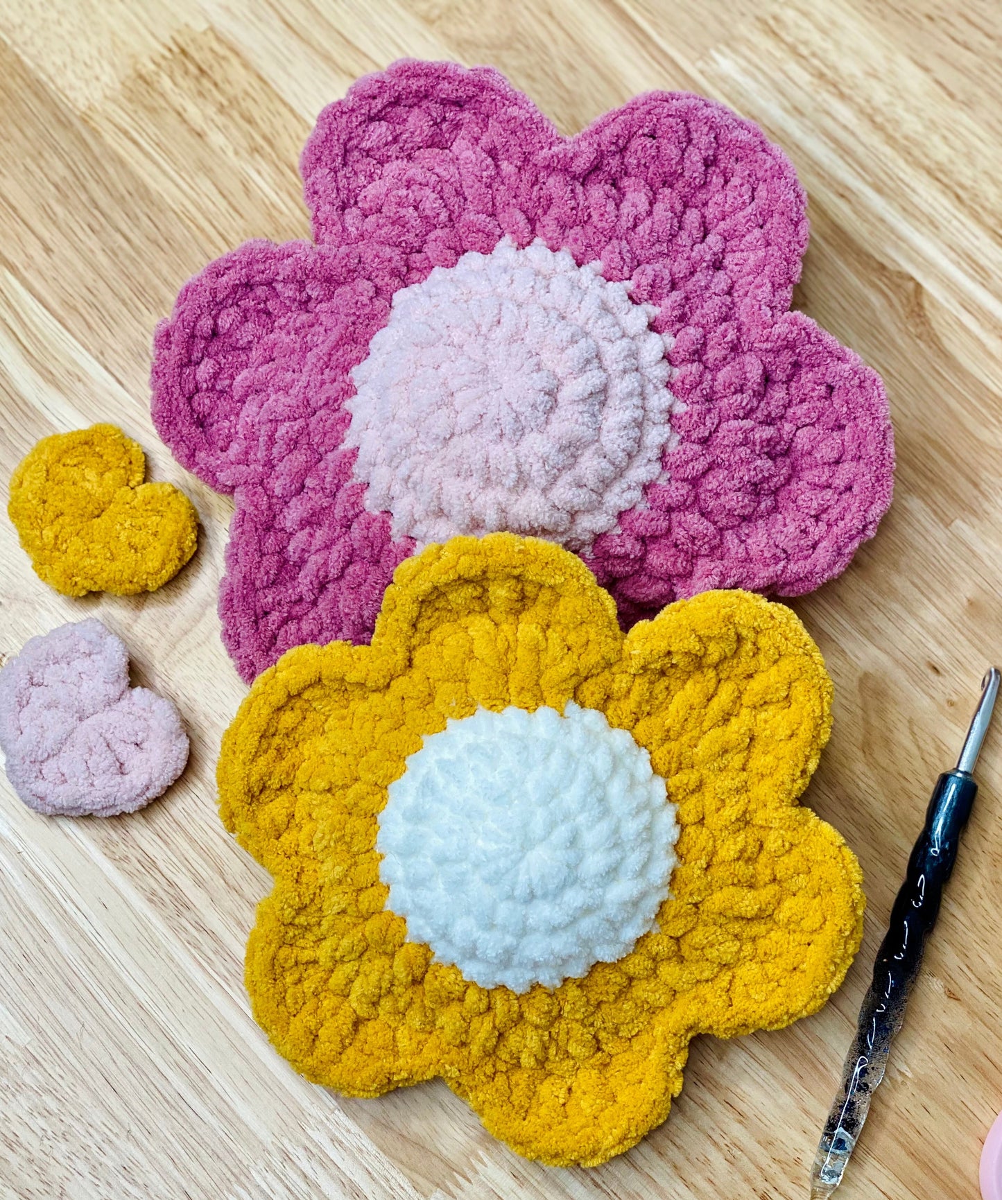 Retro Daisy Plush Decor ~ Set of 2 Pink and Yellow ~ Handmade Crochet