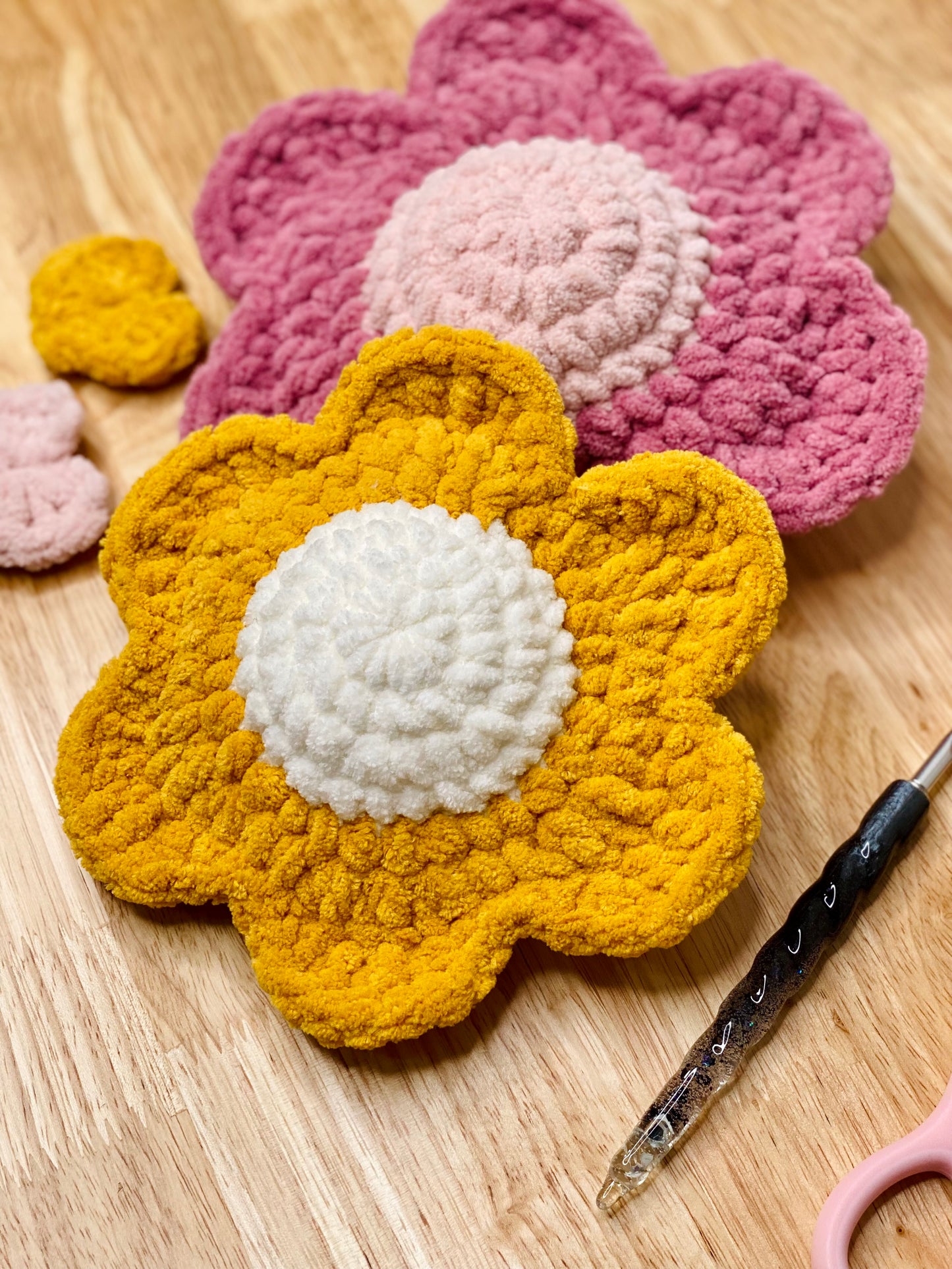 Retro Daisy Plush Decor ~ Set of 2 Pink and Yellow ~ Handmade Crochet