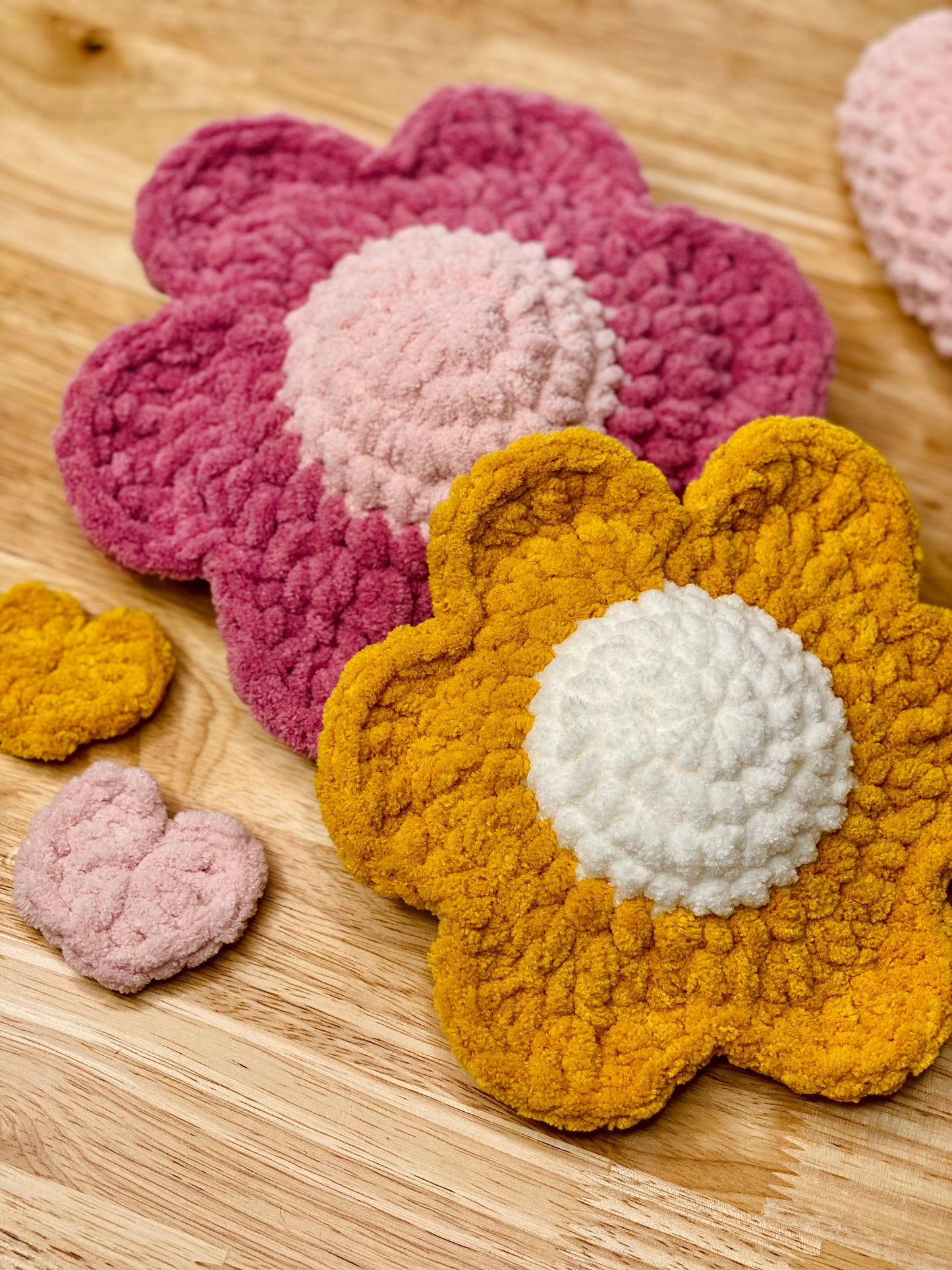 Retro Daisy Plush Decor ~ Set of 2 Pink and Yellow ~ Handmade Crochet