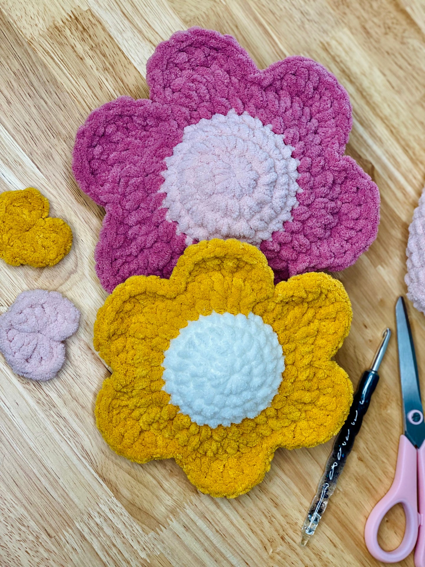 Retro Daisy Plush Decor ~ Set of 2 Pink and Yellow ~ Handmade Crochet