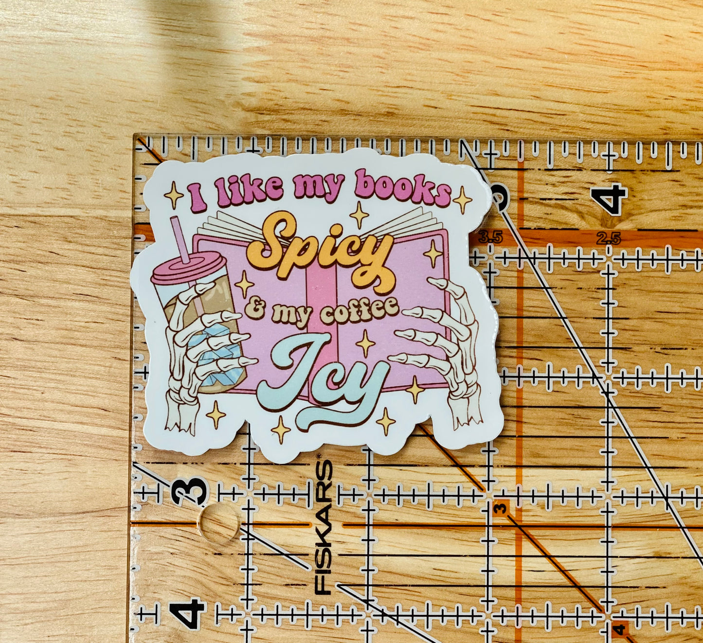 I Like My Books Spicy And My Coffee Icy Sticker, Pink Skull Reading Sticker