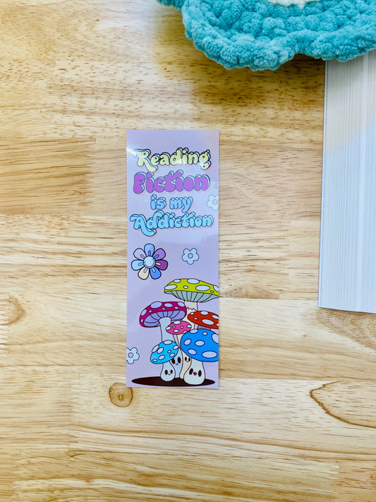 Reading Fiction Is My Addiction Bookmark, Retro Smiley Face Mushrooms Bookmark