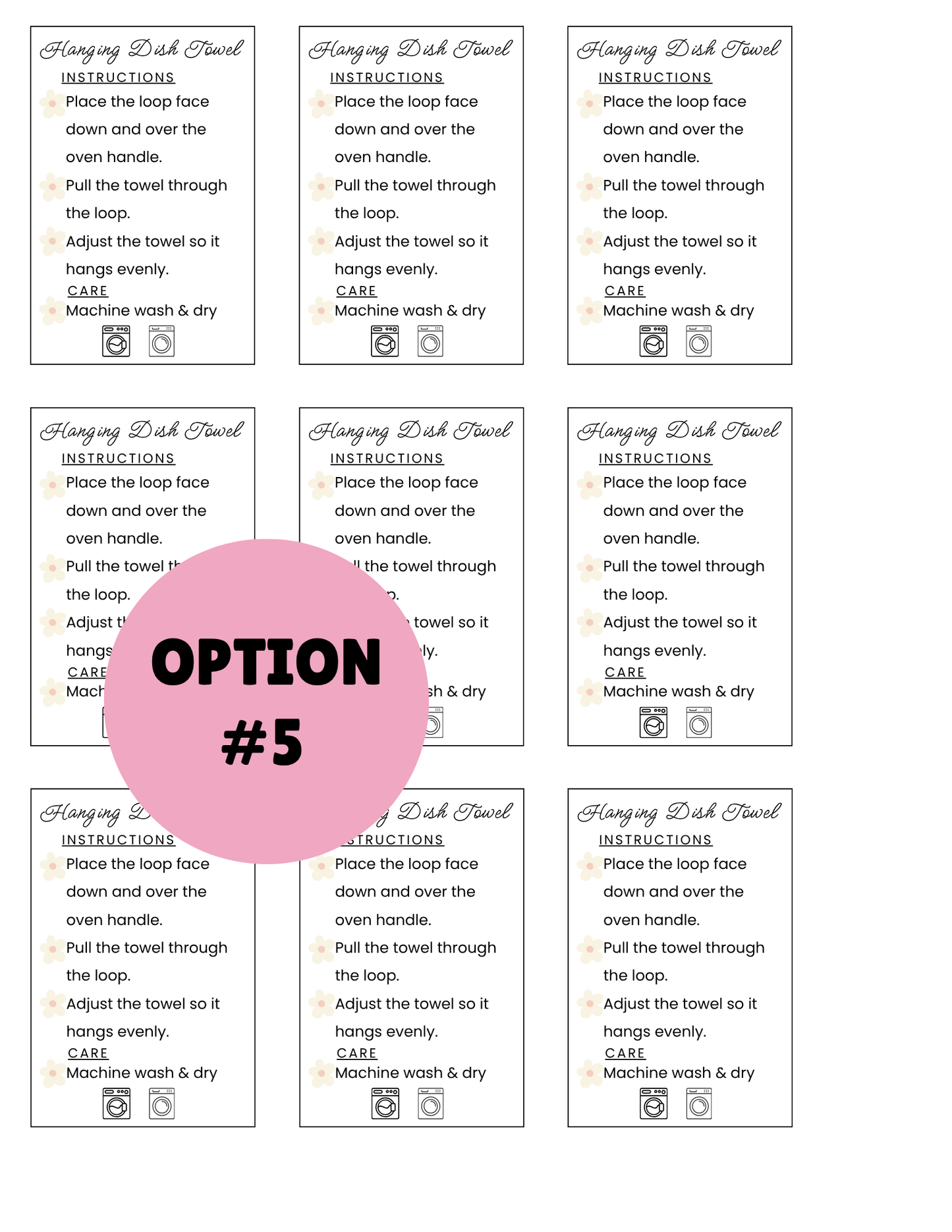 PRINTED LABELS Dish Towel Wrap Labels 11x14" & Care Cards