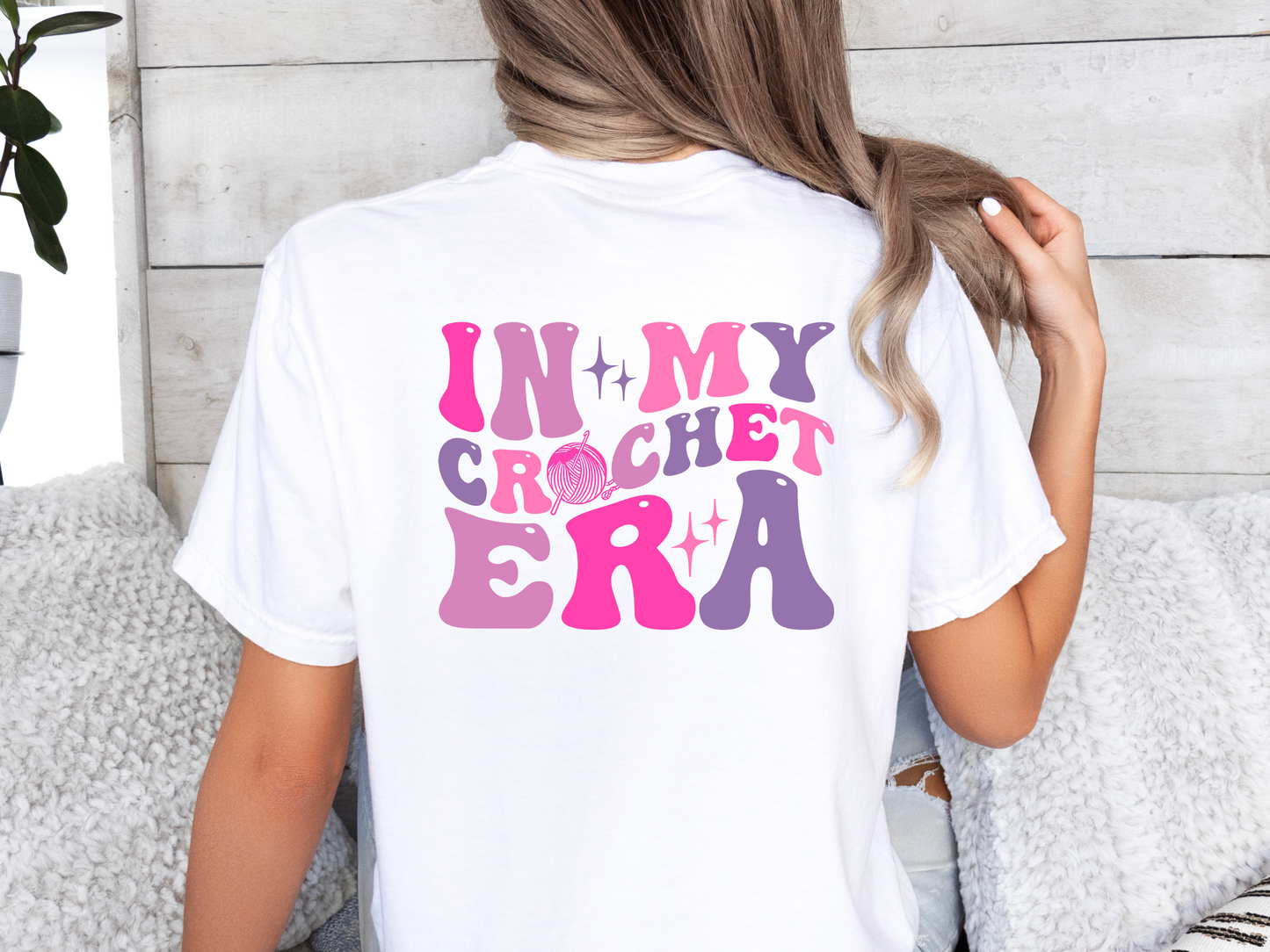 In My Crochet Era Tee, Pink Crochet Ball Pocket, Pink Retro Tee, Shirts for Crocheters Double-Sided, White Comfort Colors