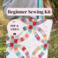 Colorful quilted bag held by a person with text overlay about a beginner sewing kit.
