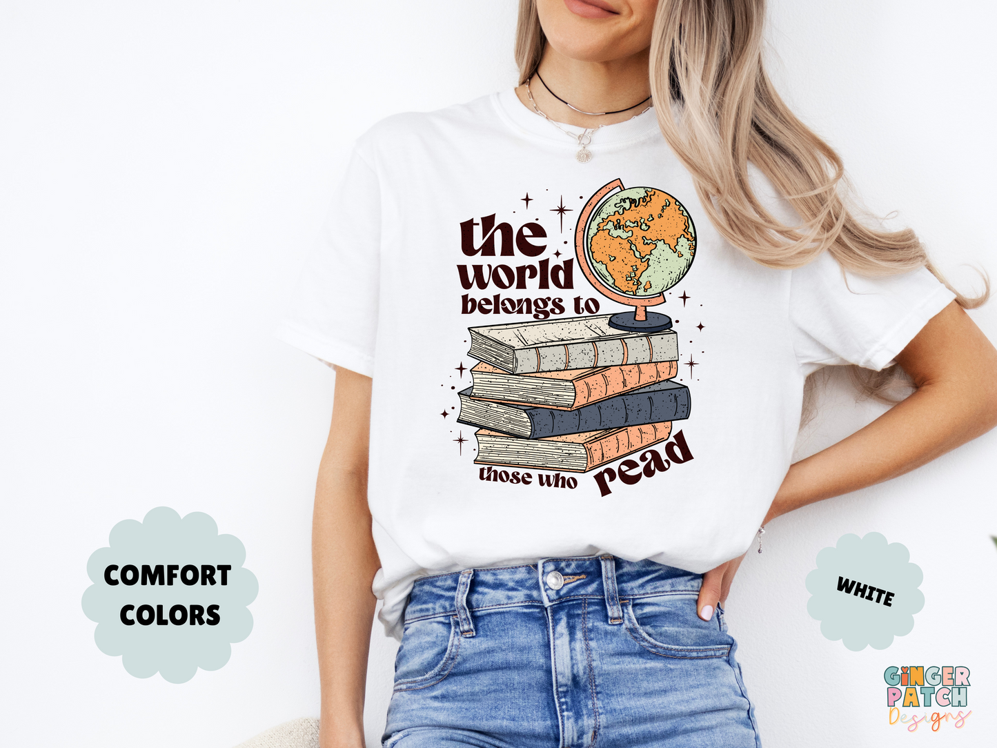 The World Belongs To Those Who Read T-Shirt, Grunge Book Stack & Globe Tee, Comfort Colors