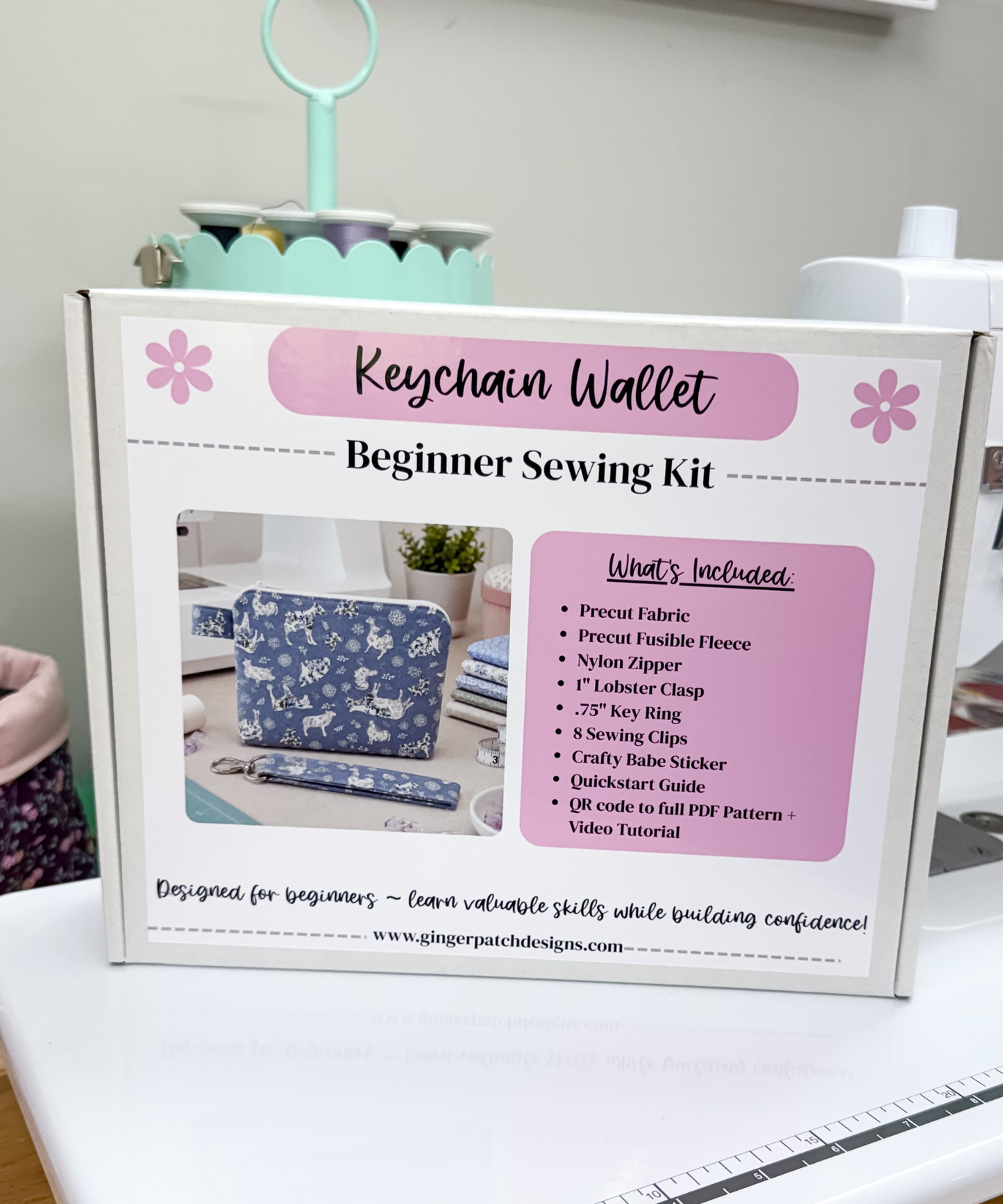 Ella Keychain Wallet Sewing Kit ~ Gray Floral Farm Animals ~PDF Pattern Digital Download & Video Tutorial