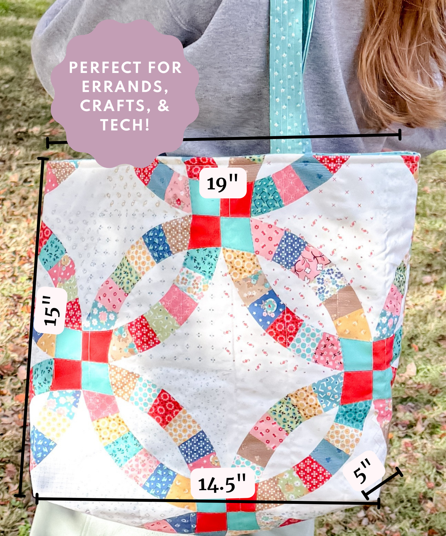 Colorful quilt with measurements and text overlay on a grassy background