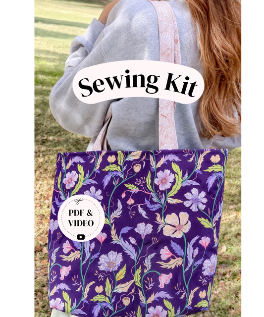 A person outdoors carrying a purple floral tote bag with a pink strap. A white banner across the top reads 'Sewing Kit' and a circular badge on the bag says 'PDF & VIDEO'.