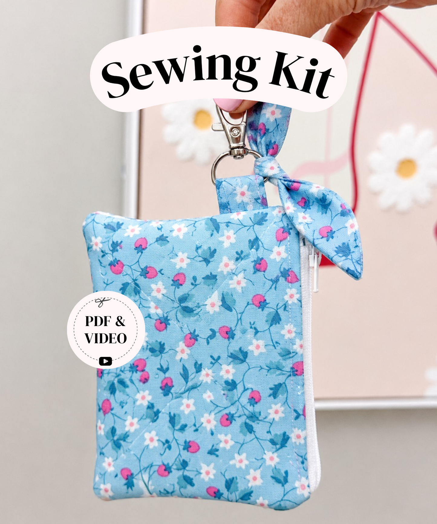 Ella Keychain Wallet Sewing Kit ~ Pink Strawberry Daisy ~PDF Pattern Digital Download & Video Tutorial