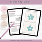 Digital product mockup showing two tablet screens with printable sewing pattern pages, surrounded by promotional text badges on a light marble background. The top banner reads 'ORGANIZED' and the bottom text says 'ULTRA-SLOW PACE | 50+ PHOTOS'.