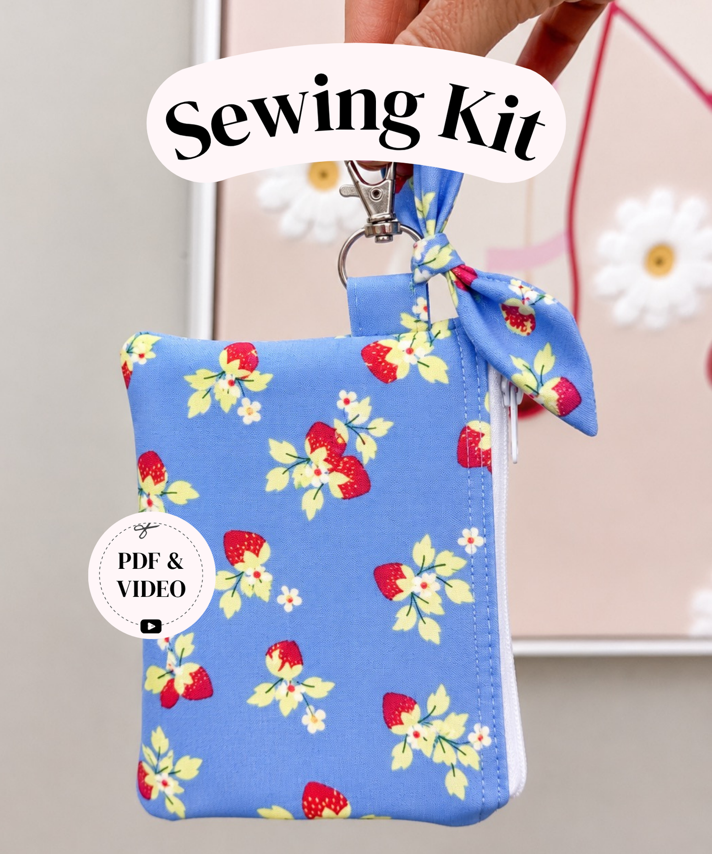 Ella Keychain Wallet Sewing Kit ~ Blue Plaid Strawberry ~PDF Pattern Digital Download & Video Tutorial
