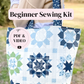 Tote bag with star pattern held by a person, labeled 'Beginner Sewing Kit' with PDF and video content.