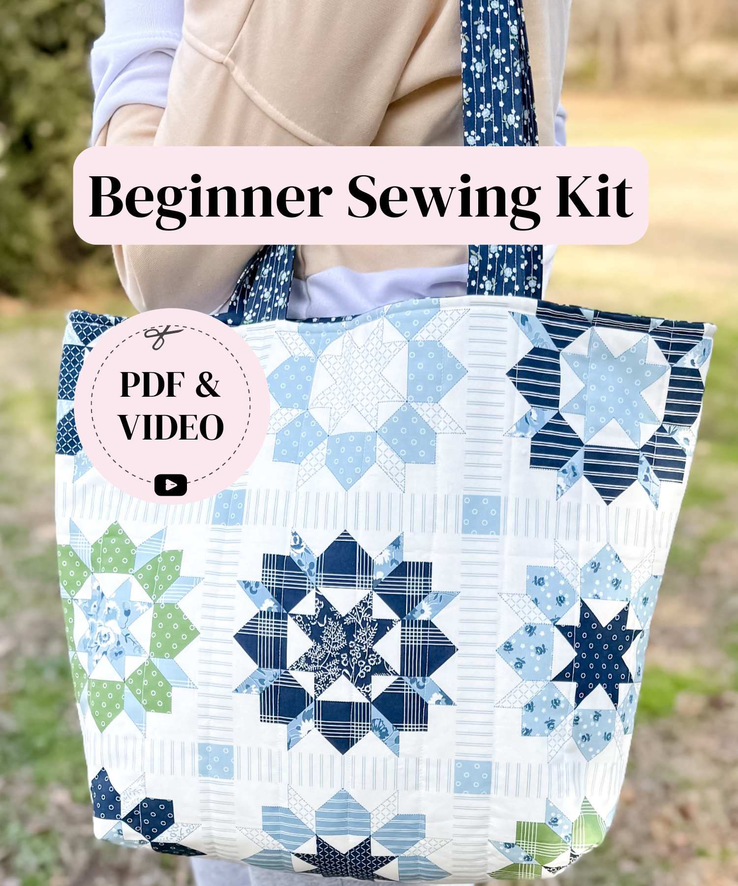 Tote bag with star pattern held by a person, labeled 'Beginner Sewing Kit' with PDF and video content.