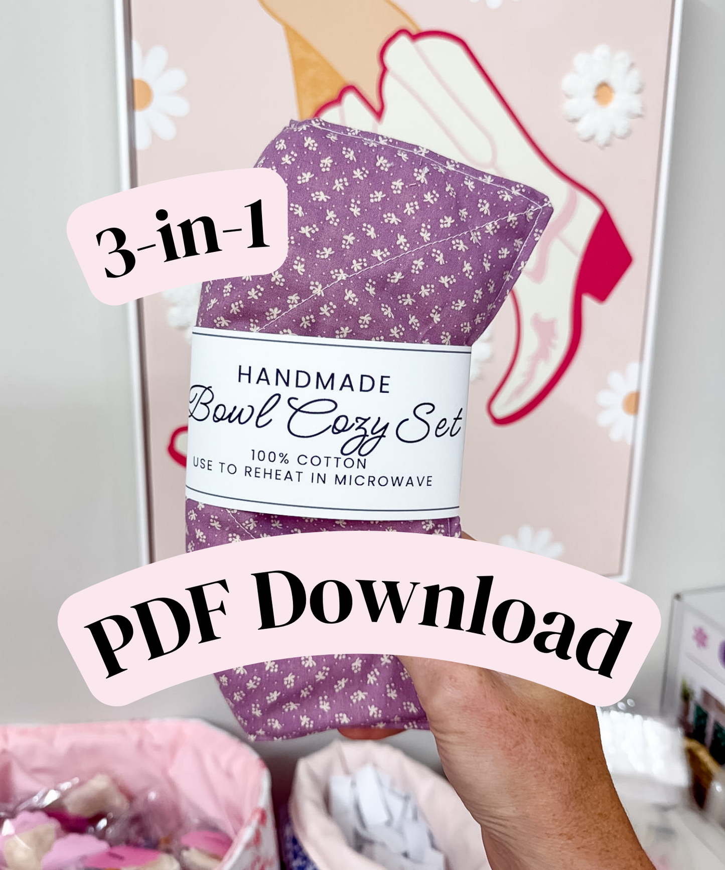 3-in-1 Bowl Cozy Product Labels PDF DOWNLOAD | Wrap Labels, Care Card, & Fold Card