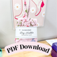 A pink floral hanging bag holder made of fabric, shown with a paper label that reads 'Hanging Bag Holder for Grocery Bags.' A large overlaid banner says 'PDF Download.