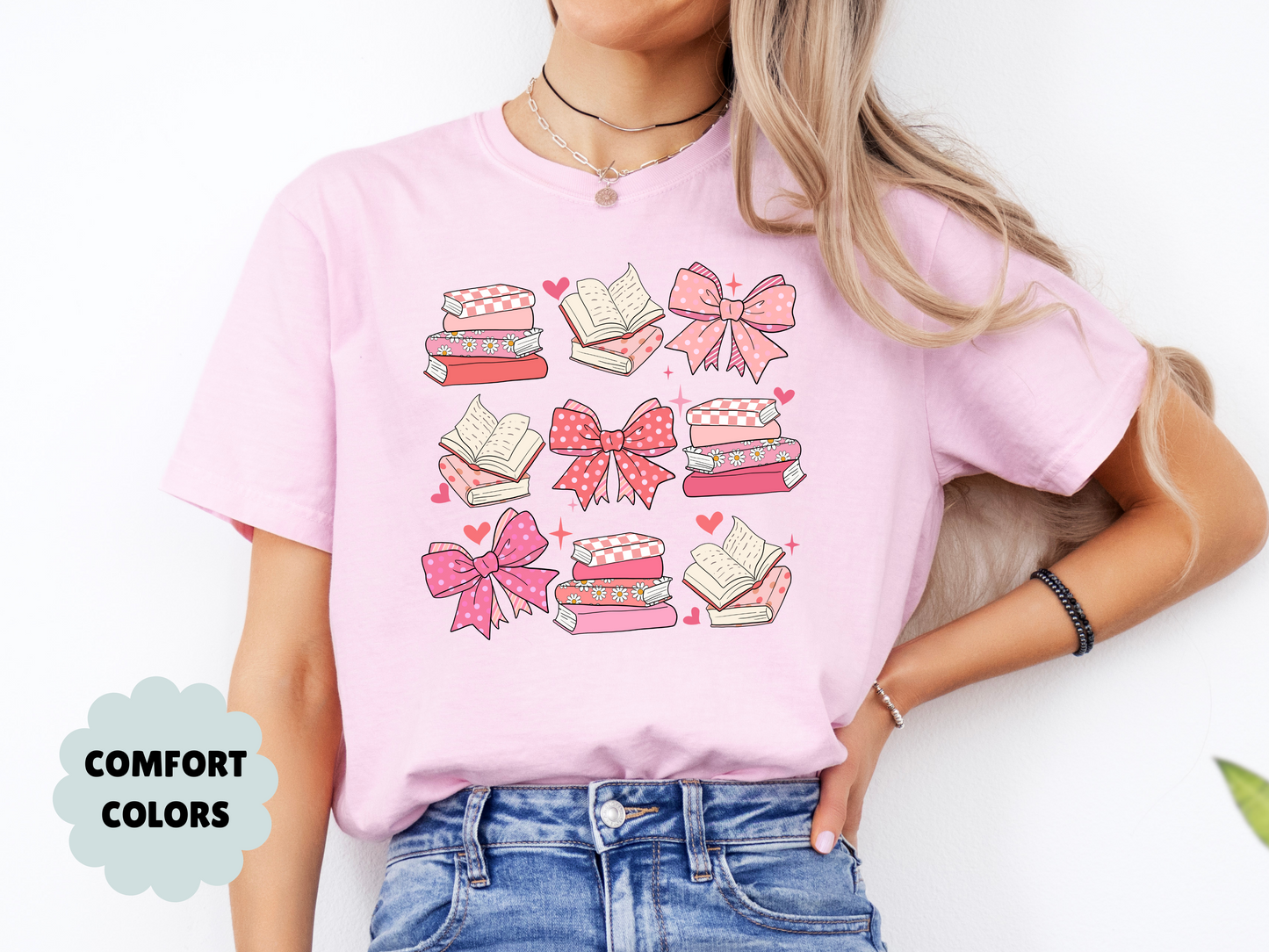 Pink Bows and Books T-Shirt, Pink Comfort Colors