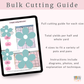 Promotional graphic for a digital bulk cutting guide, showing a tablet screen with a cutting reference page and flower-shaped template diagrams. Text on a pale pink background describes the guide's features, including full cutting instructions for each size, total yields per half and whole yard, four sizes for pot and pan fitting, and included photos and instructions.