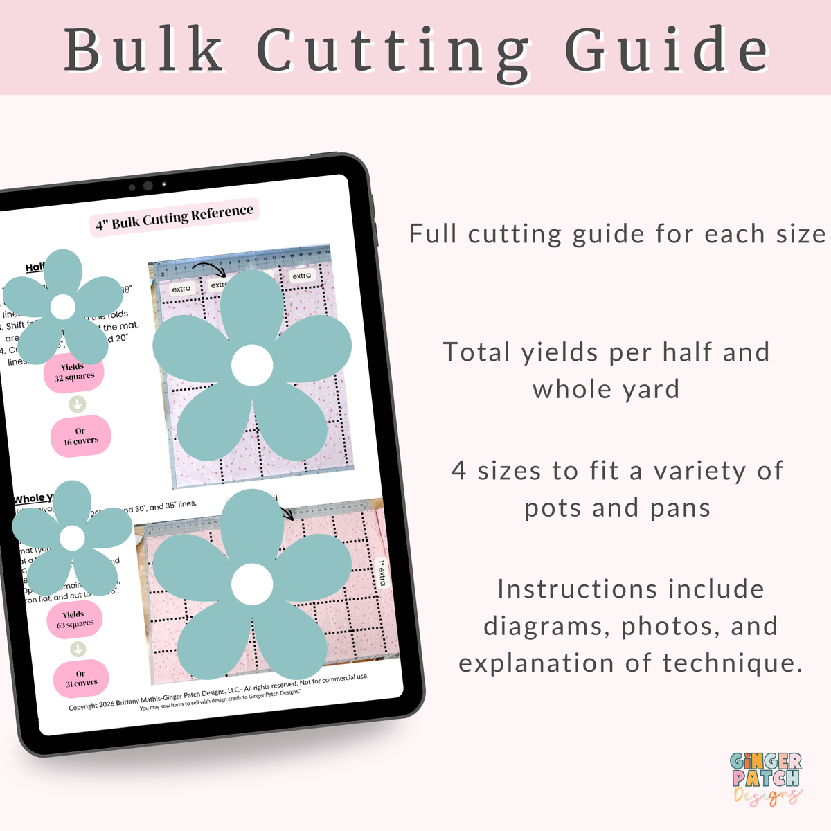 Promotional graphic for a digital bulk cutting guide, showing a tablet screen with a cutting reference page and flower-shaped template diagrams. Text on a pale pink background describes the guide's features, including full cutting instructions for each size, total yields per half and whole yard, four sizes for pot and pan fitting, and included photos and instructions.