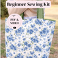 Floral tote bag held by a person with text overlay about a beginner sewing kit.