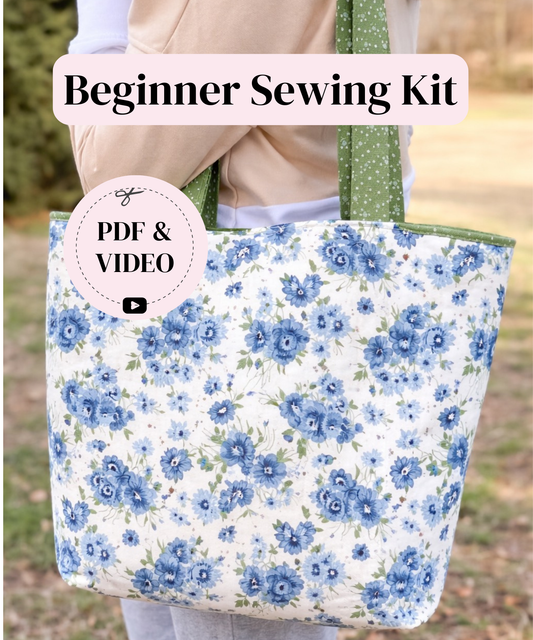 Floral tote bag held by a person with text overlay about a beginner sewing kit.