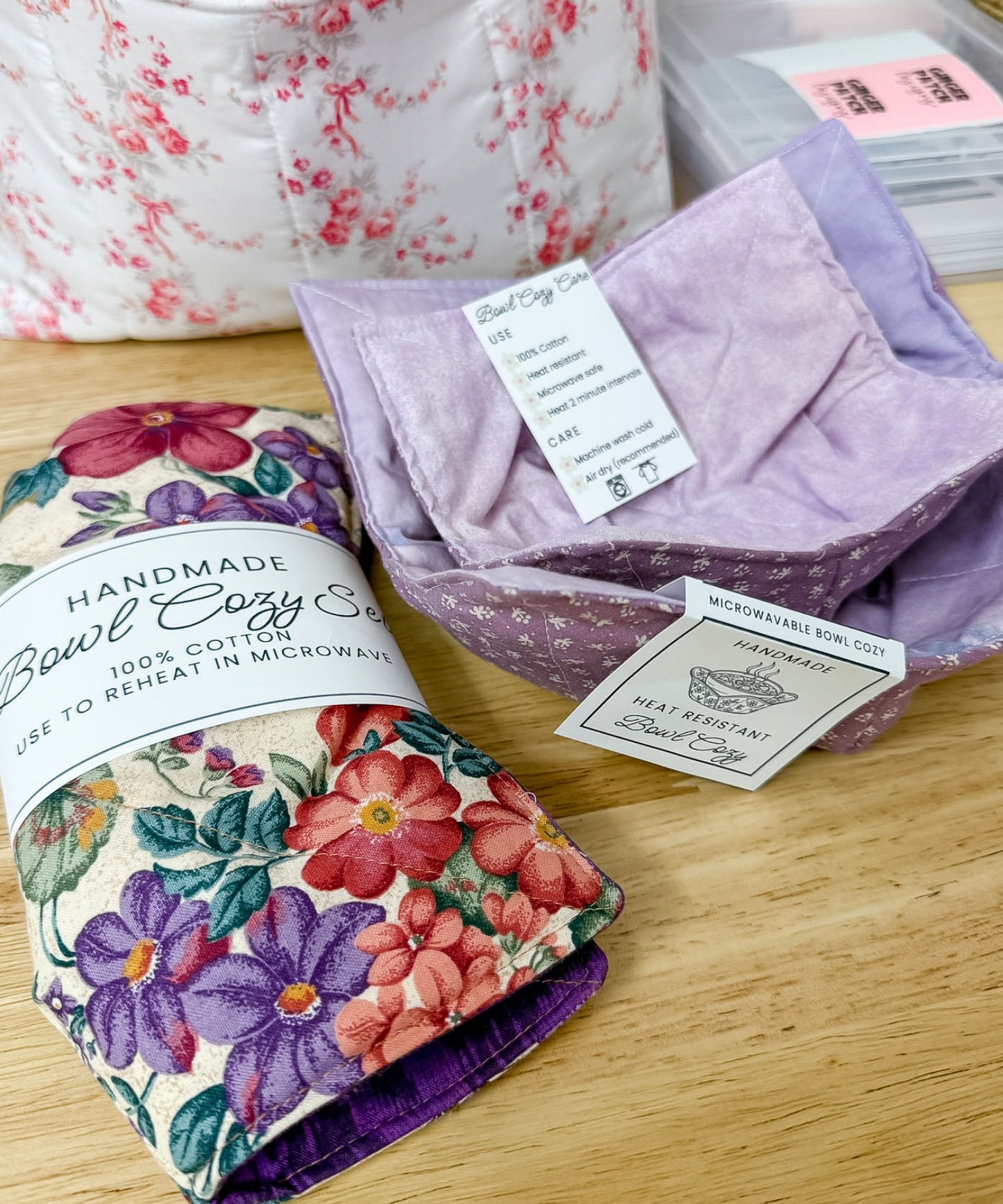 EDITABLE 3-in-1 Bowl Cozy Product Labels | Wrap Labels, Care Card & Fold Card | Edit in Canva