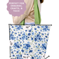 Floral tote bag with measurements and text about its use for errands, crafts, and tech.