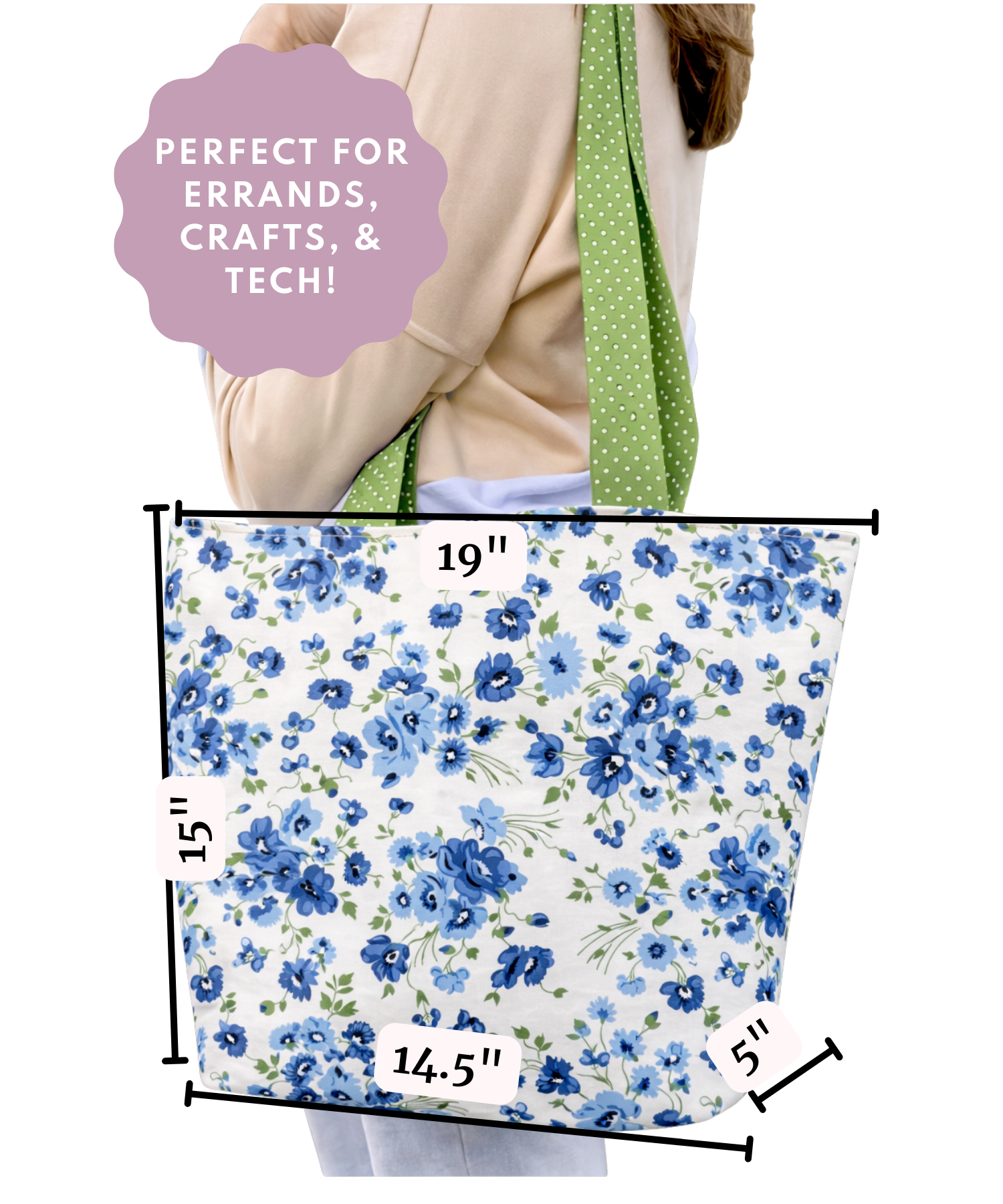 Floral tote bag with measurements and text about its use for errands, crafts, and tech.