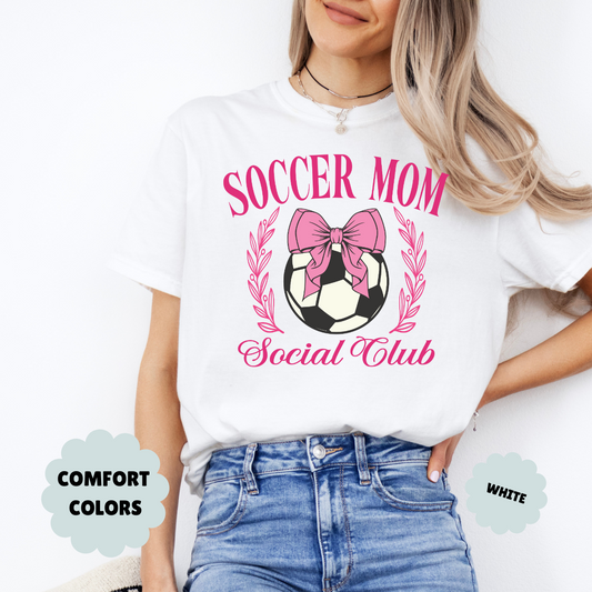 Pink Soccer Mom Social Club T-Shirt, Pink Bow Soccer Ball