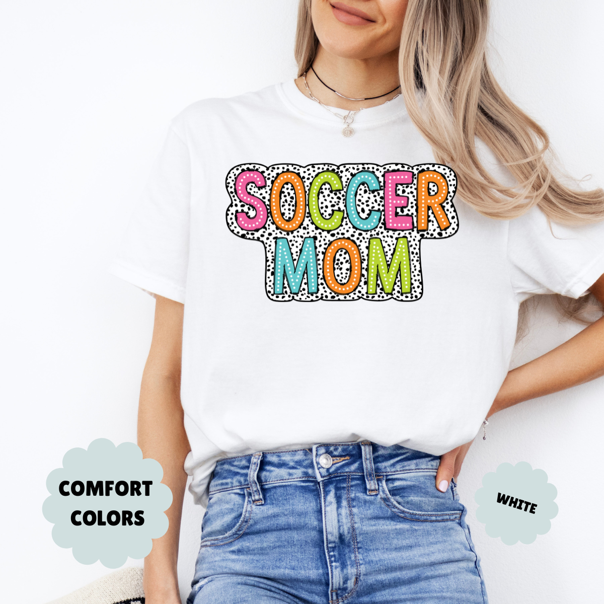 Soccer Mom T-Shirt, Bright Color Soccer Tee, Dalmatian Dots