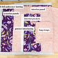 Fabric components laid out on a light wood surface with text labels identifying high loft polyester batting, exterior panels, interior panel, interior pockets, pocket interfacing, and bag straps. The exterior panels show a purple floral pattern with pink, yellow, and green details, while the other fabric pieces are light pink.
