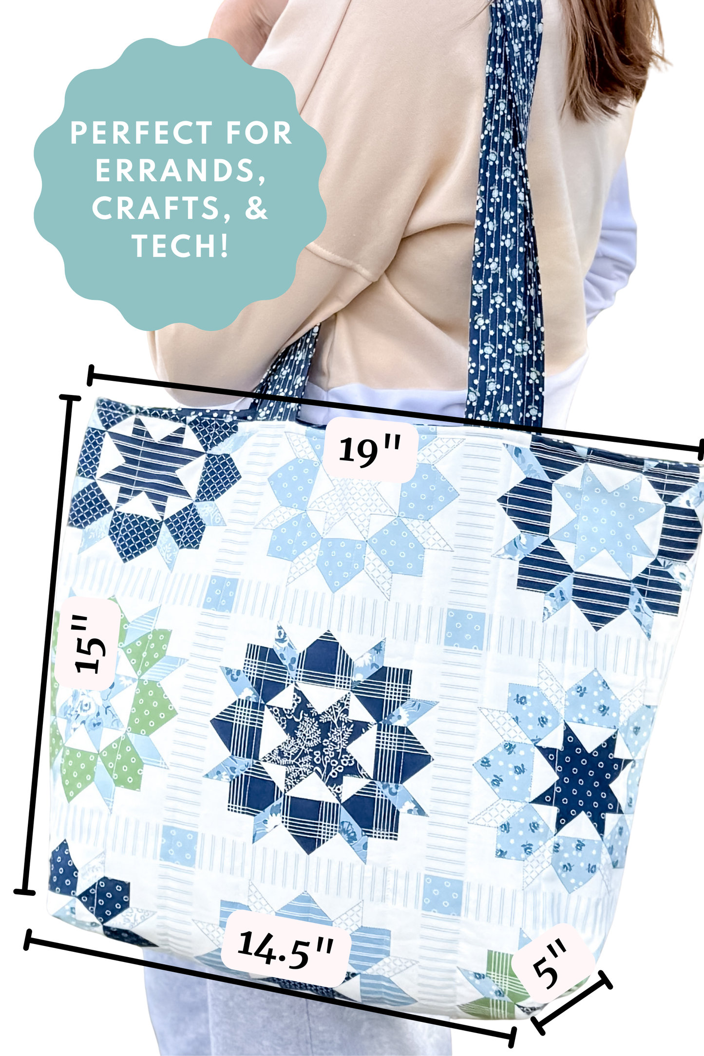 Floral-patterned bag with measurements and text about its use for errands, crafts, and tech.