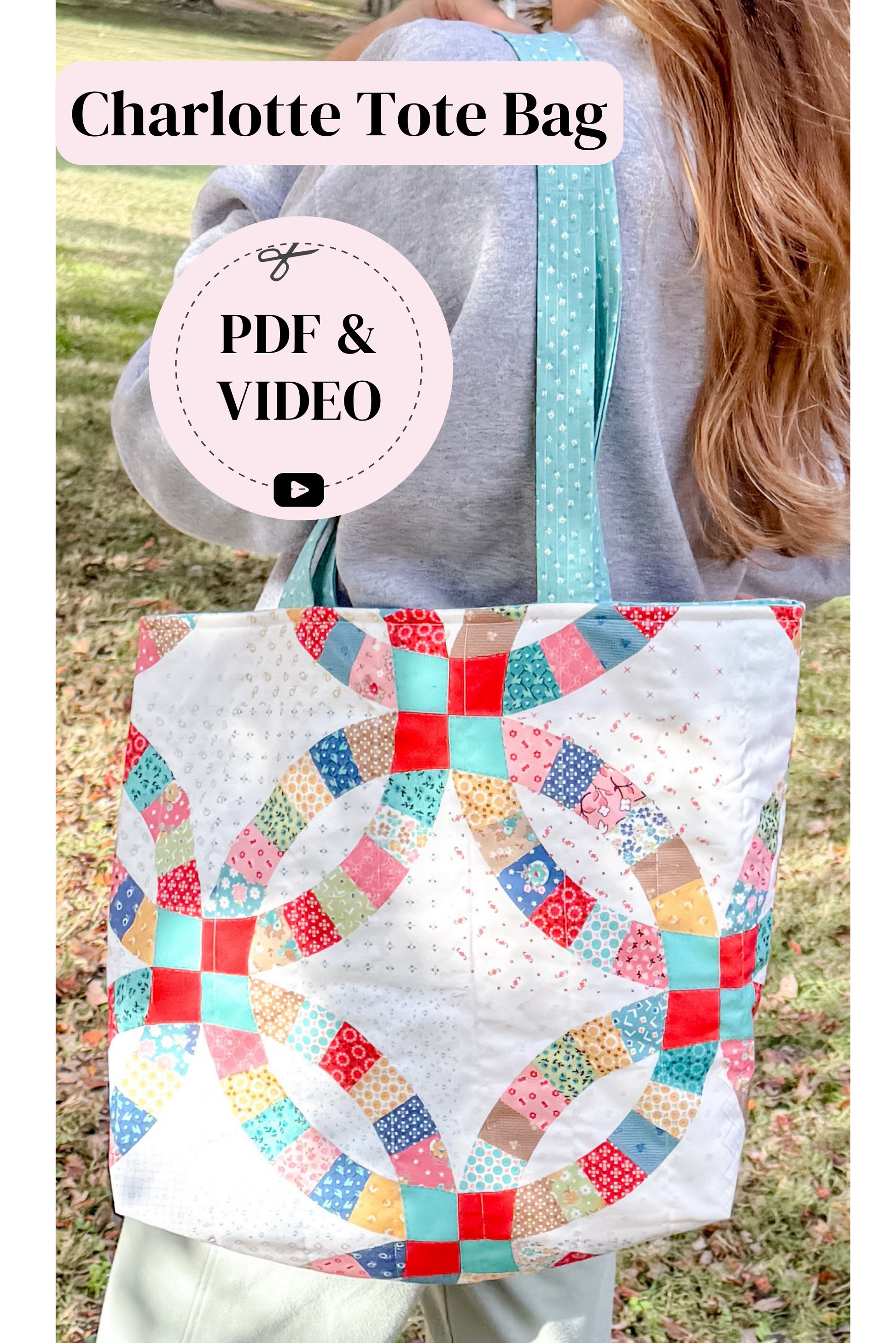 Person holding a colorful quilted tote bag with text about a PDF and video tutorial.